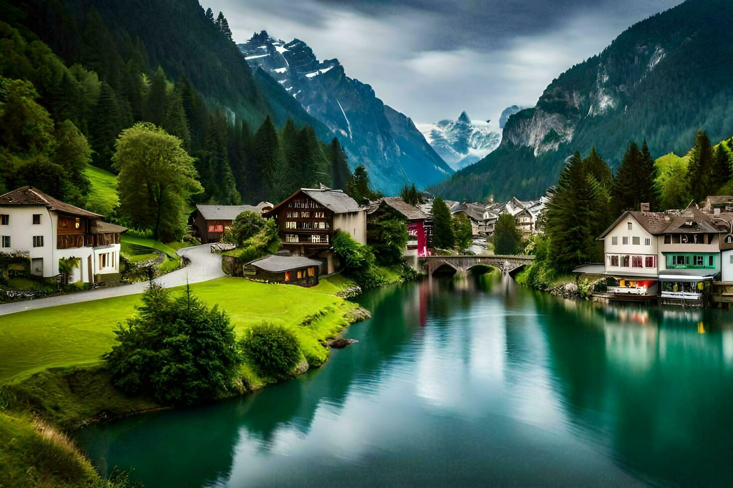 skön by i de alperna, schweiz. ai-genererad foto