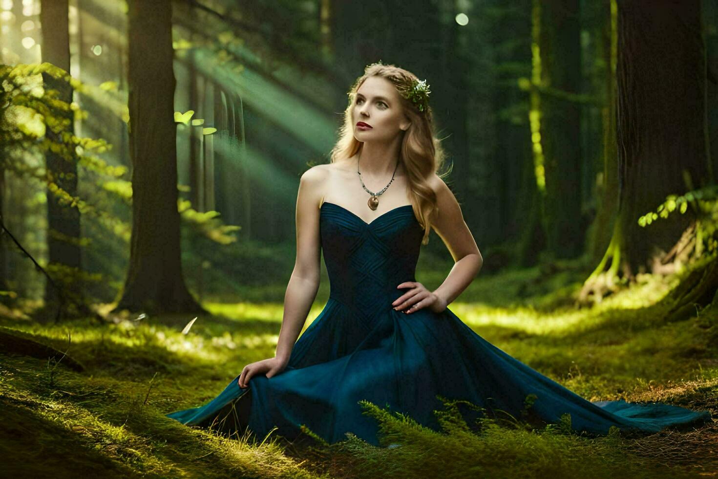 en skön kvinna i en blå klänning Sammanträde i de mitten av en skog. ai-genererad foto