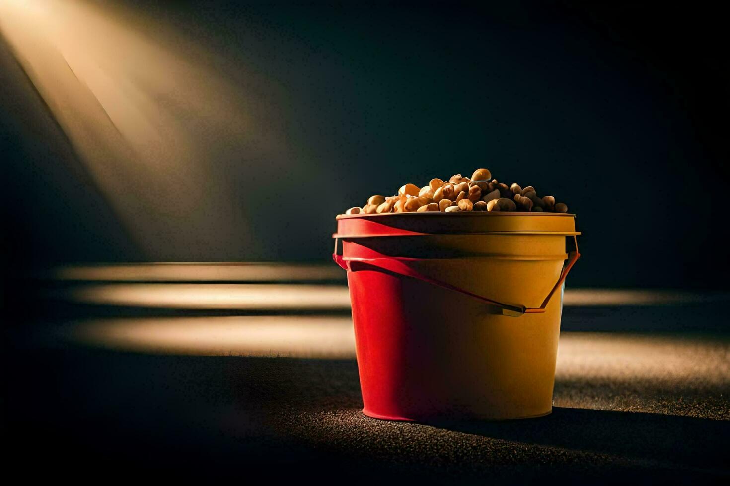 en hink av popcorn på en mörk golv. ai-genererad foto