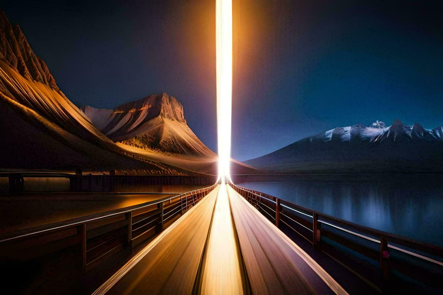 en lång exponering Foto av en bro över en sjö. ai-genererad