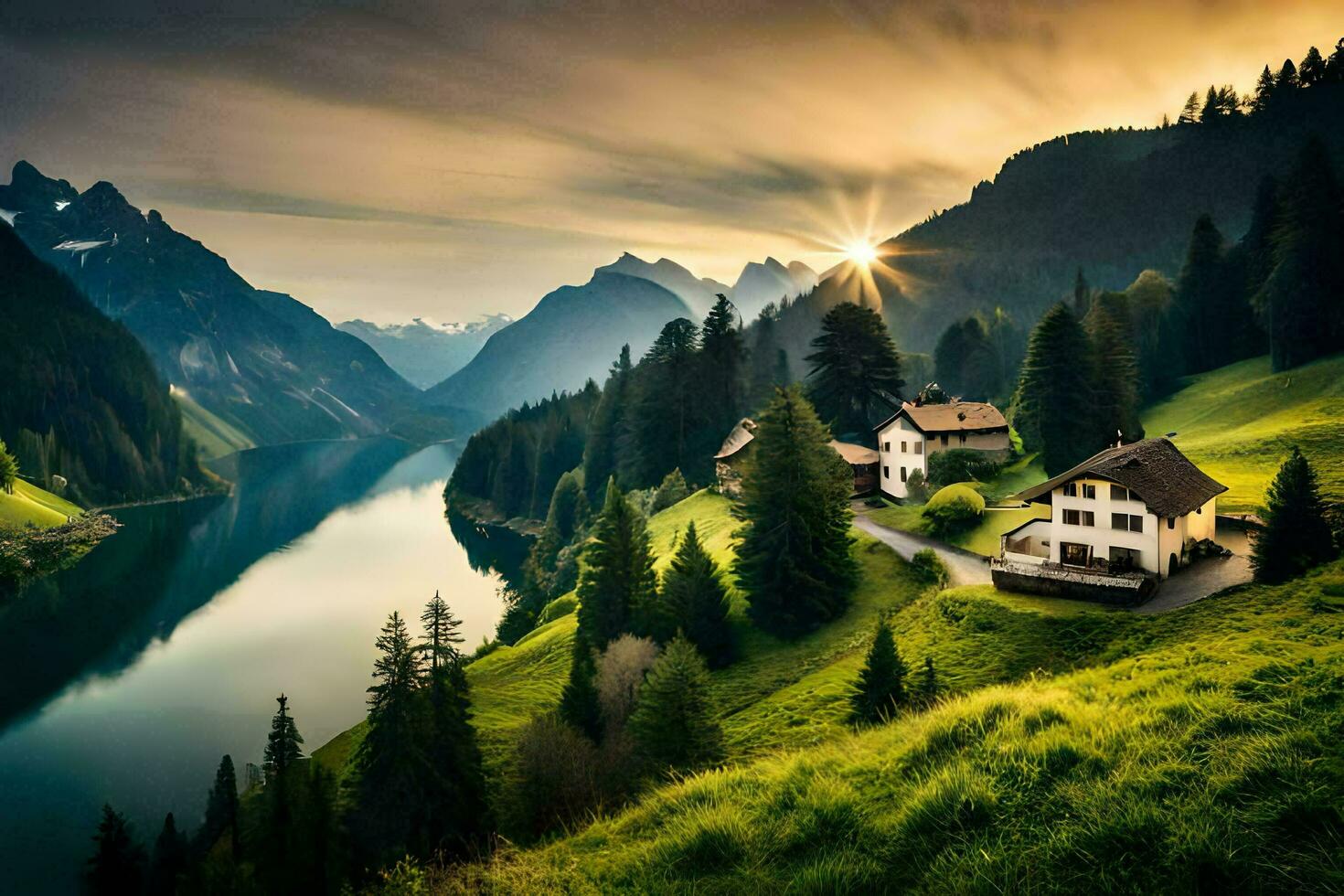 en hus sitter på en kulle utsikt en sjö. ai-genererad foto
