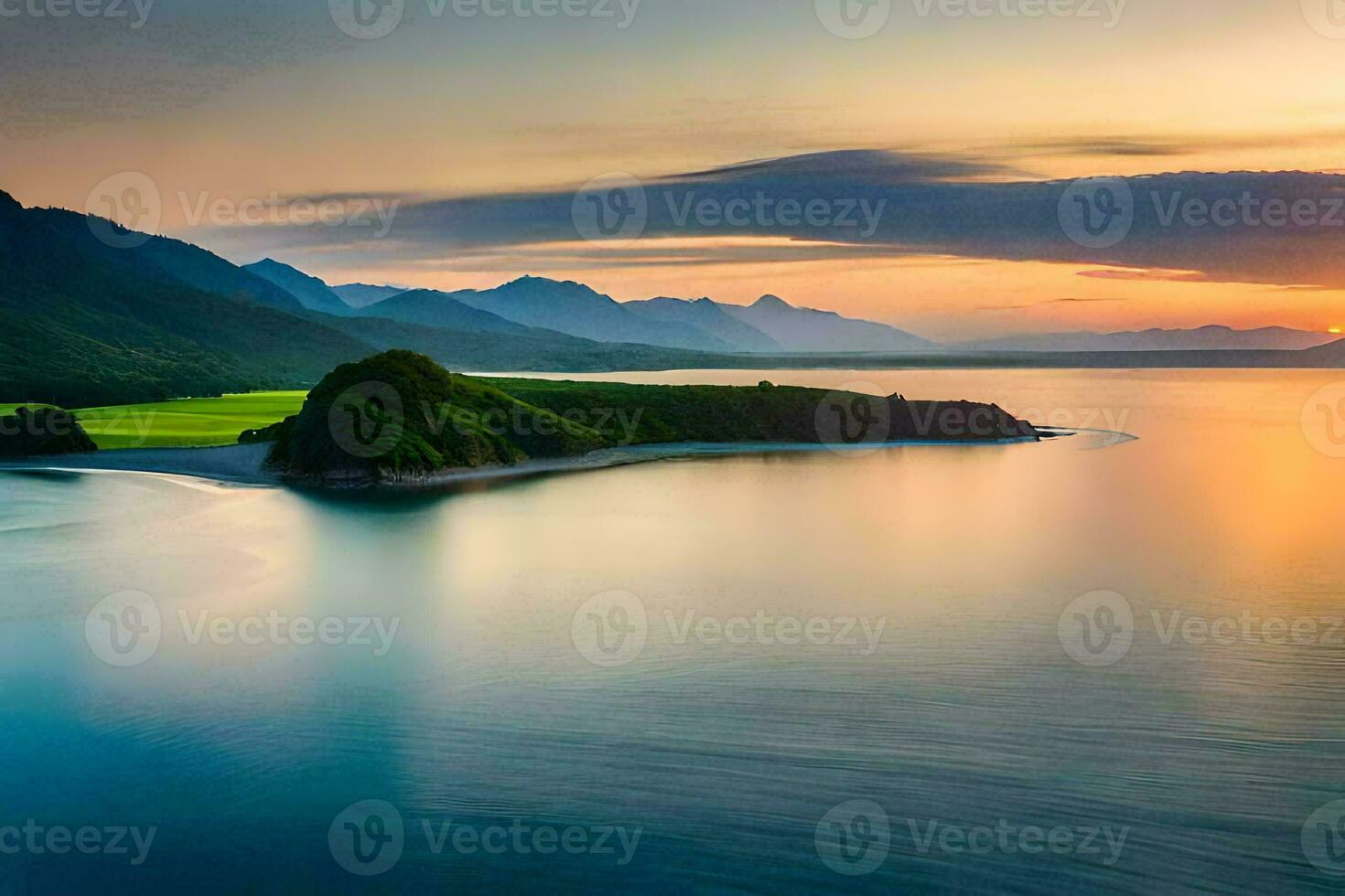 de Sol uppsättningar över en kropp av vatten och berg. ai-genererad foto