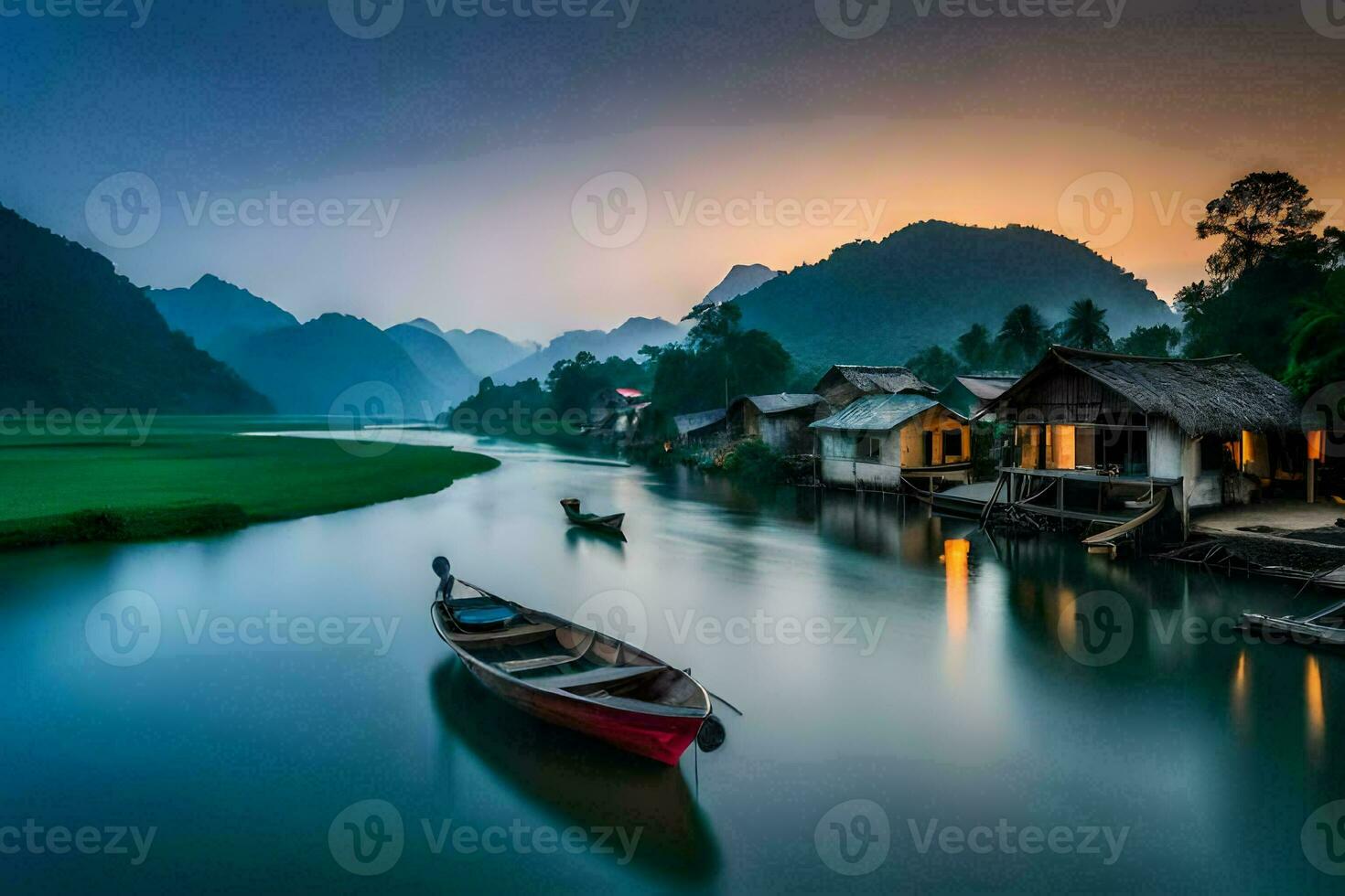 Foto tapet natur, vatten, berg, hus, båtar, flod, vietnam, soluppgång. ai-genererad