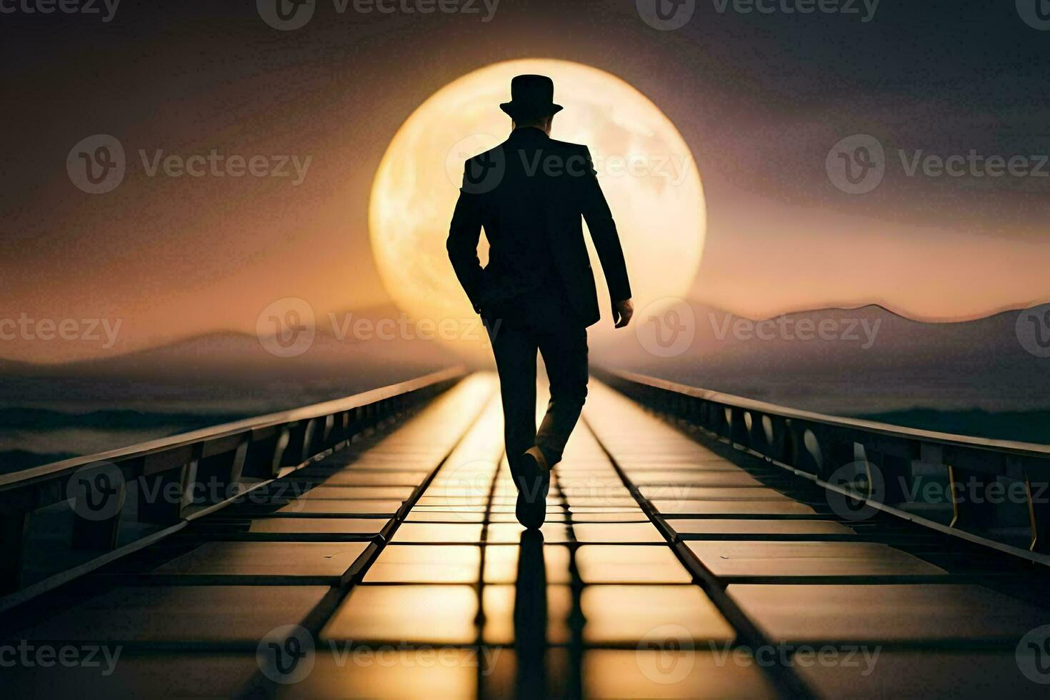 en man i en hatt promenader tvärs över en bro på natt. ai-genererad foto
