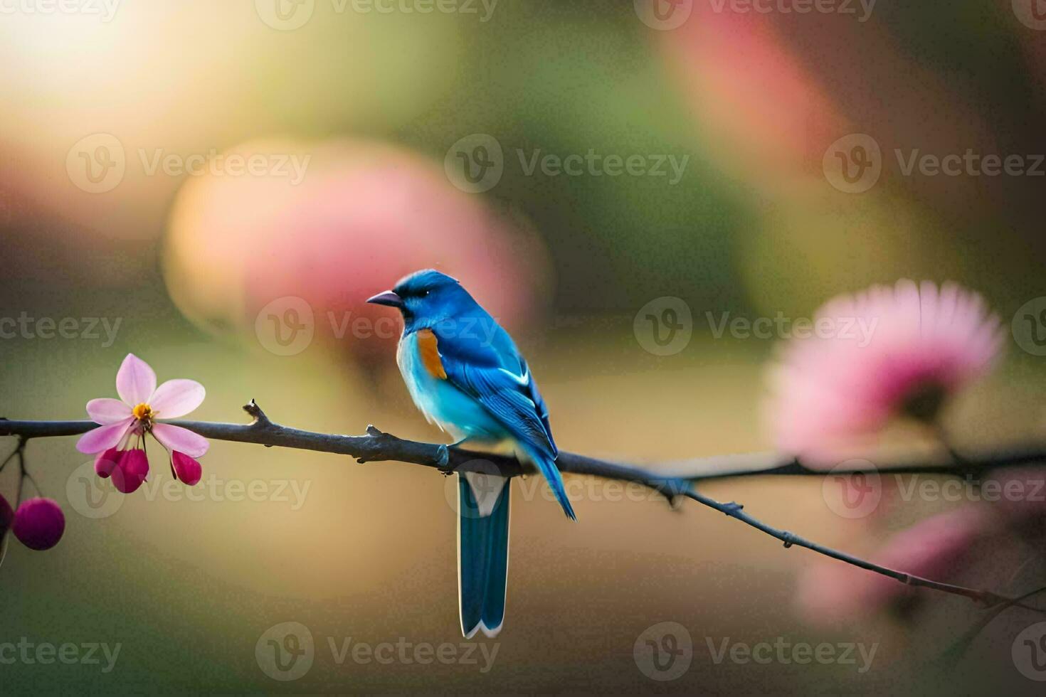 en blå fågel sitter på en gren med rosa blommor. ai-genererad foto