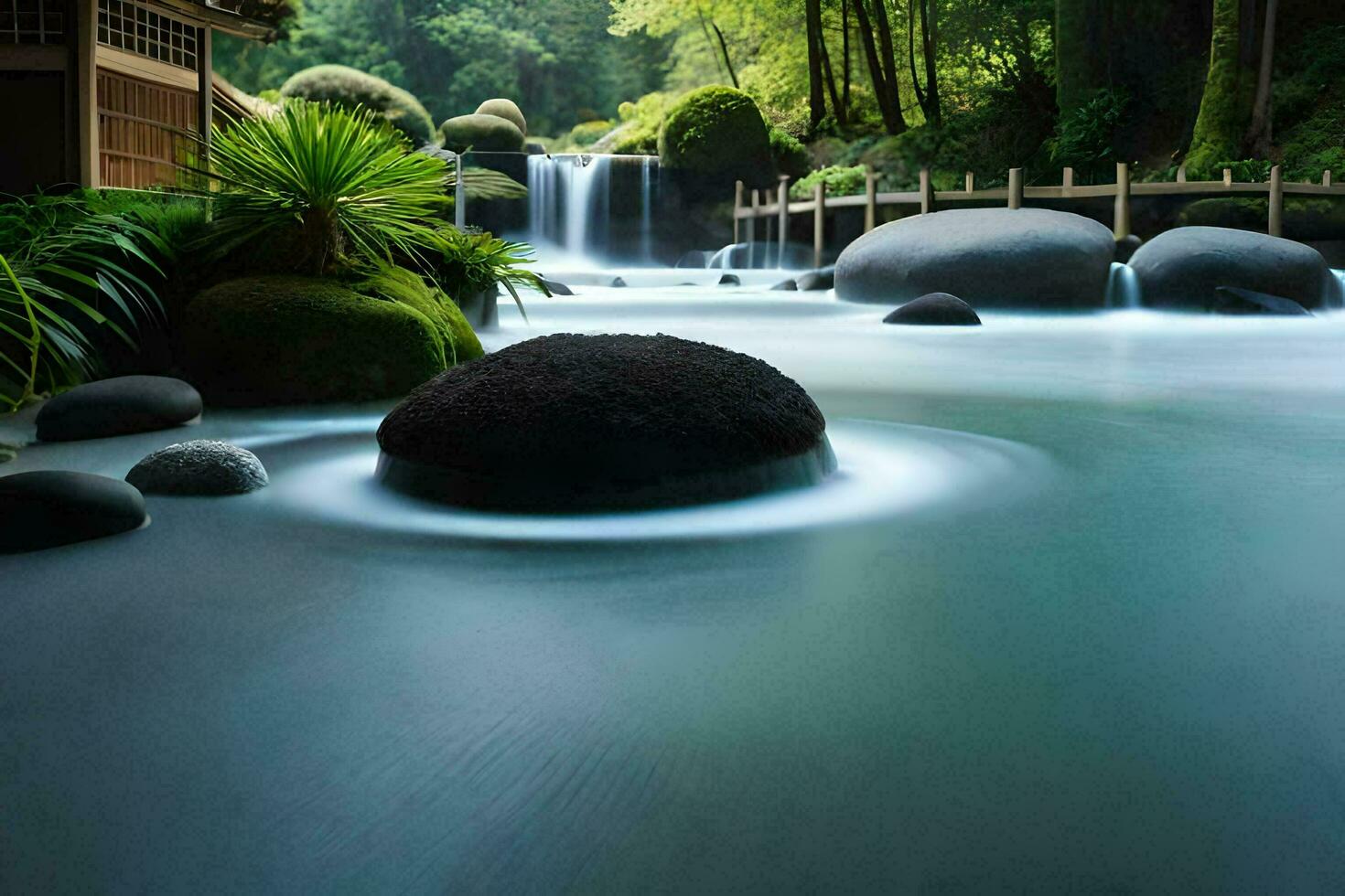 en vattenfall i de mitten av en flod. ai-genererad foto