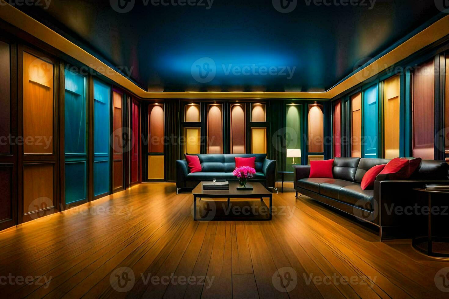en rum med en soffa, en kaffe tabell och en vägg av färgrik dörrar. ai-genererad foto
