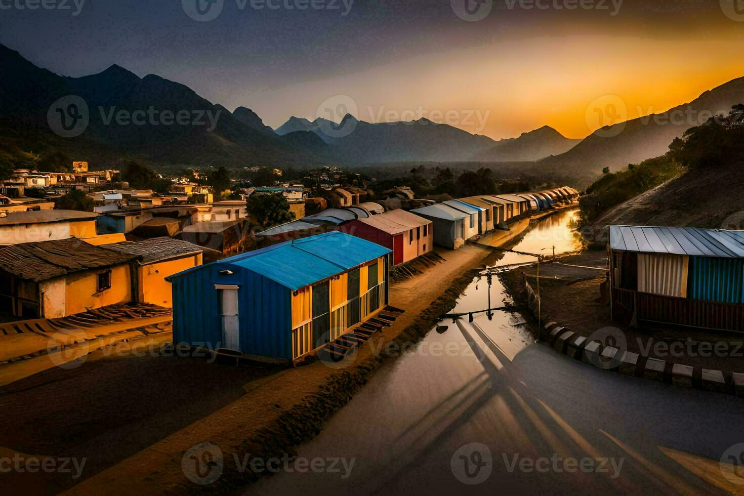 en flod kör genom en by på solnedgång. ai-genererad foto