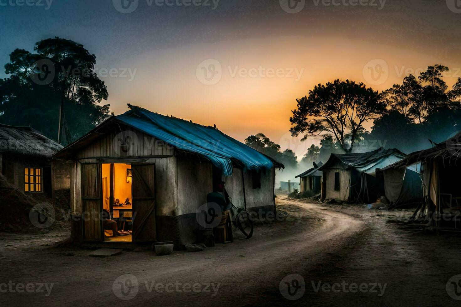 en by på solnedgång med hyddor och en cykel. ai-genererad foto