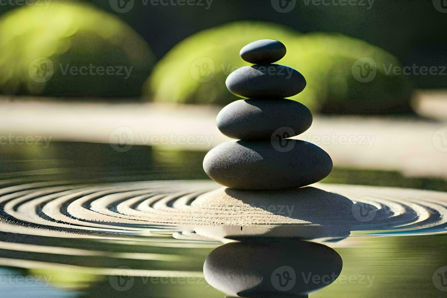en stack av stenar är Sammanträde på topp av en damm. ai-genererad foto