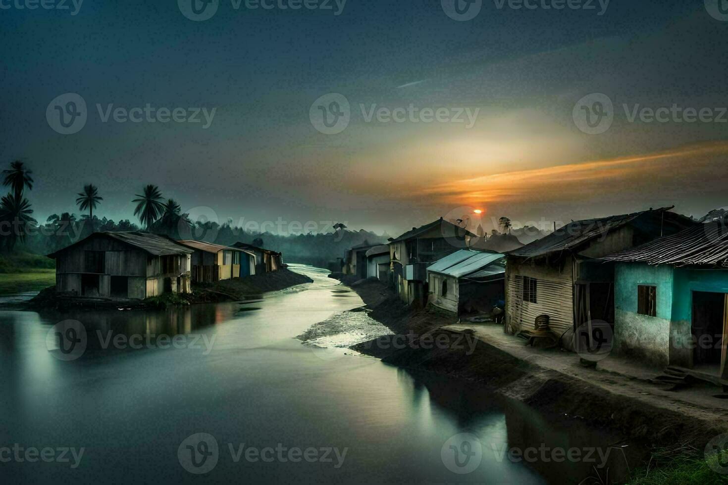 en flod kör genom en by på solnedgång. ai-genererad foto