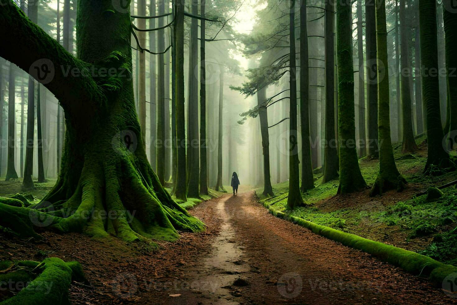 en man promenader ner en väg i de mitten av en skog. ai-genererad foto