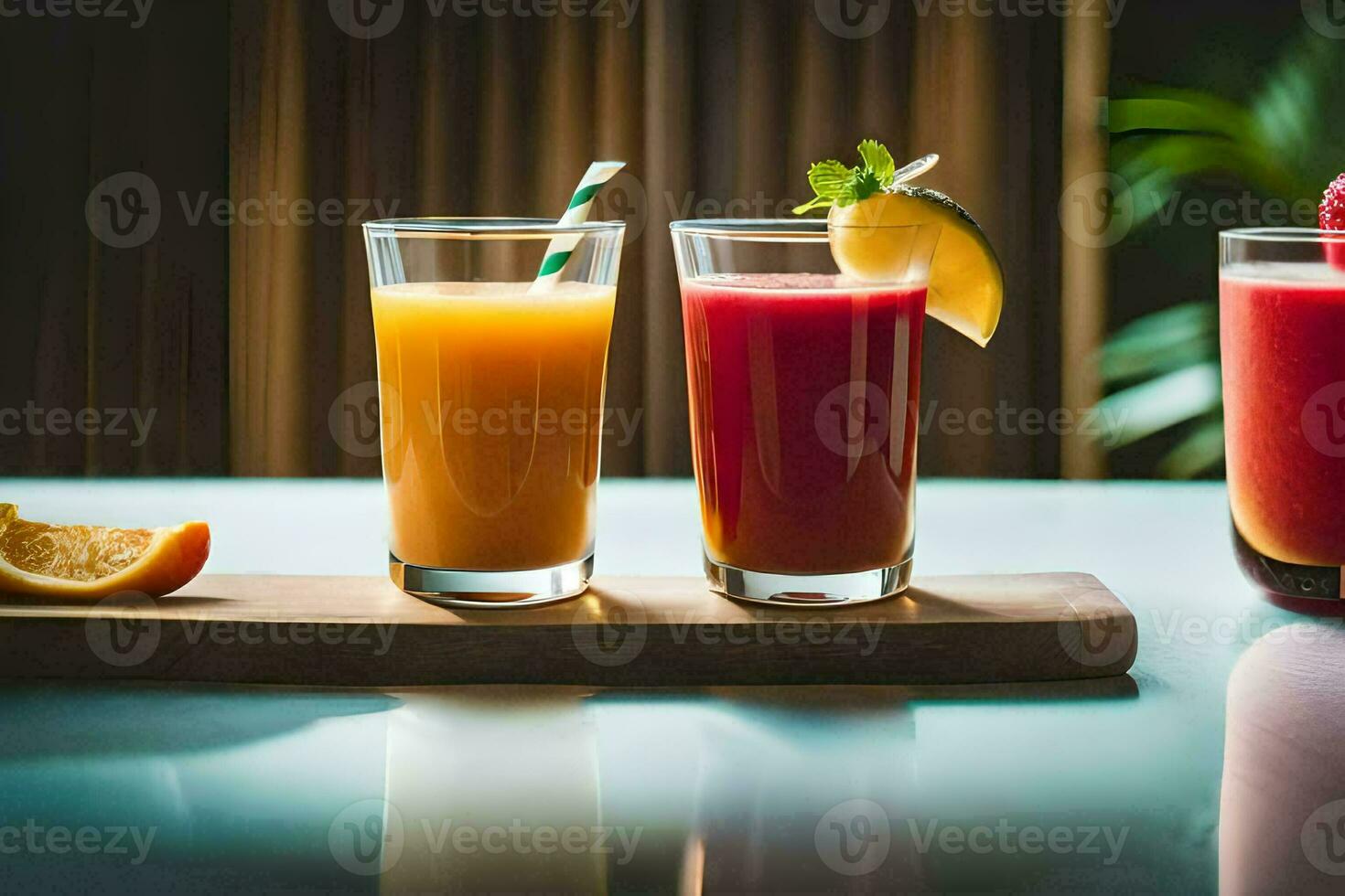 tre glasögon av juice på en tabell. ai-genererad foto