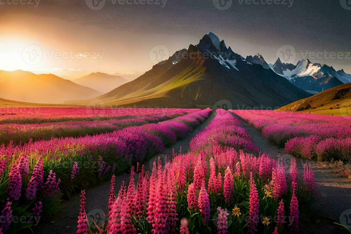 en fält av lila blommor och bergen på solnedgång. ai-genererad foto