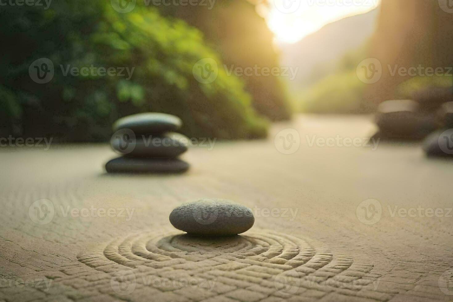 en zen trädgård med stenar och en Sol lysande. ai-genererad foto