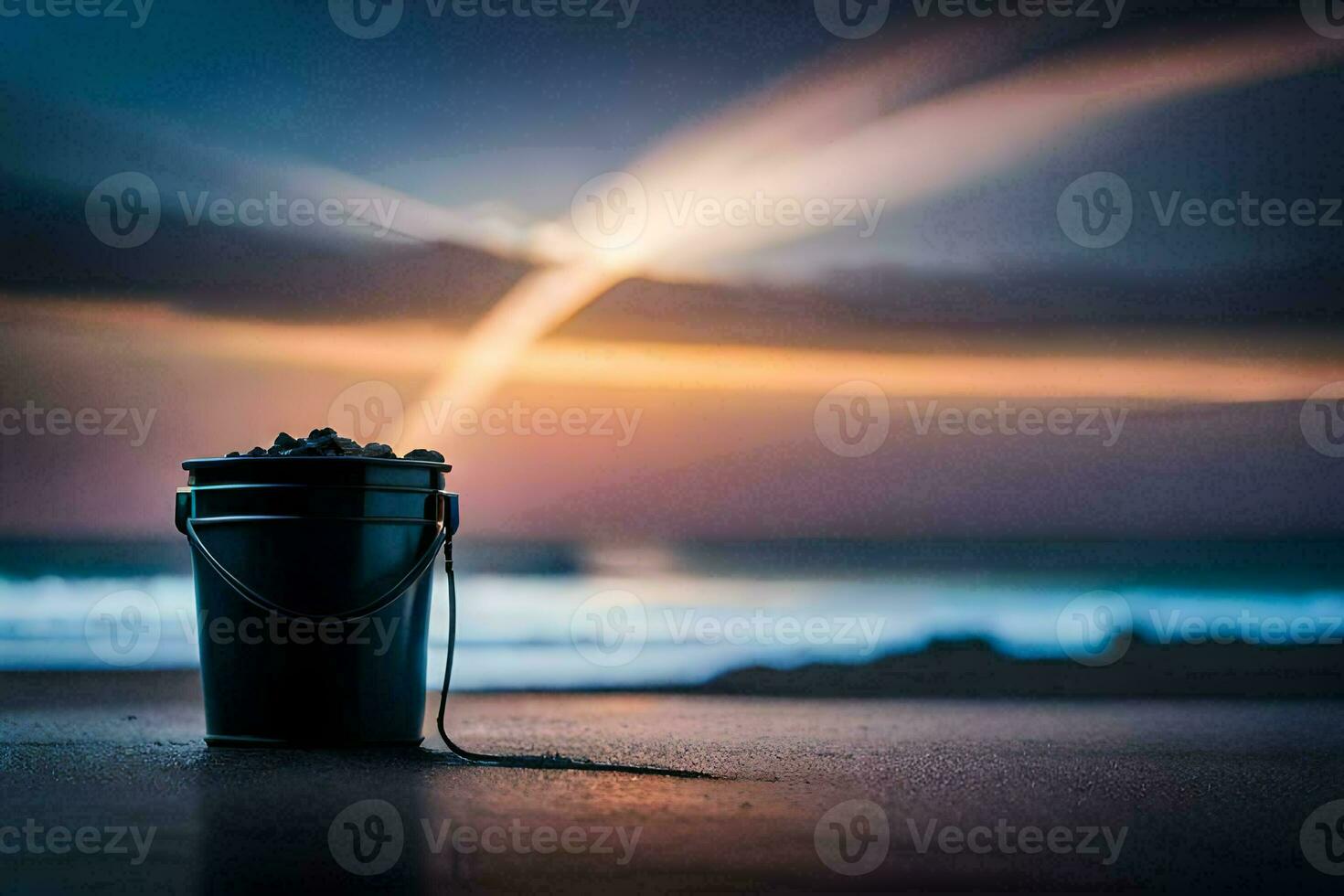 en hink av sand på de strand på solnedgång. ai-genererad foto