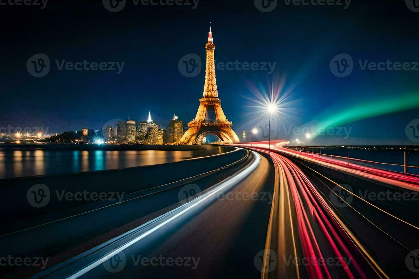 de eiffel torn och trafik lampor är visad i detta Foto. ai-genererad foto