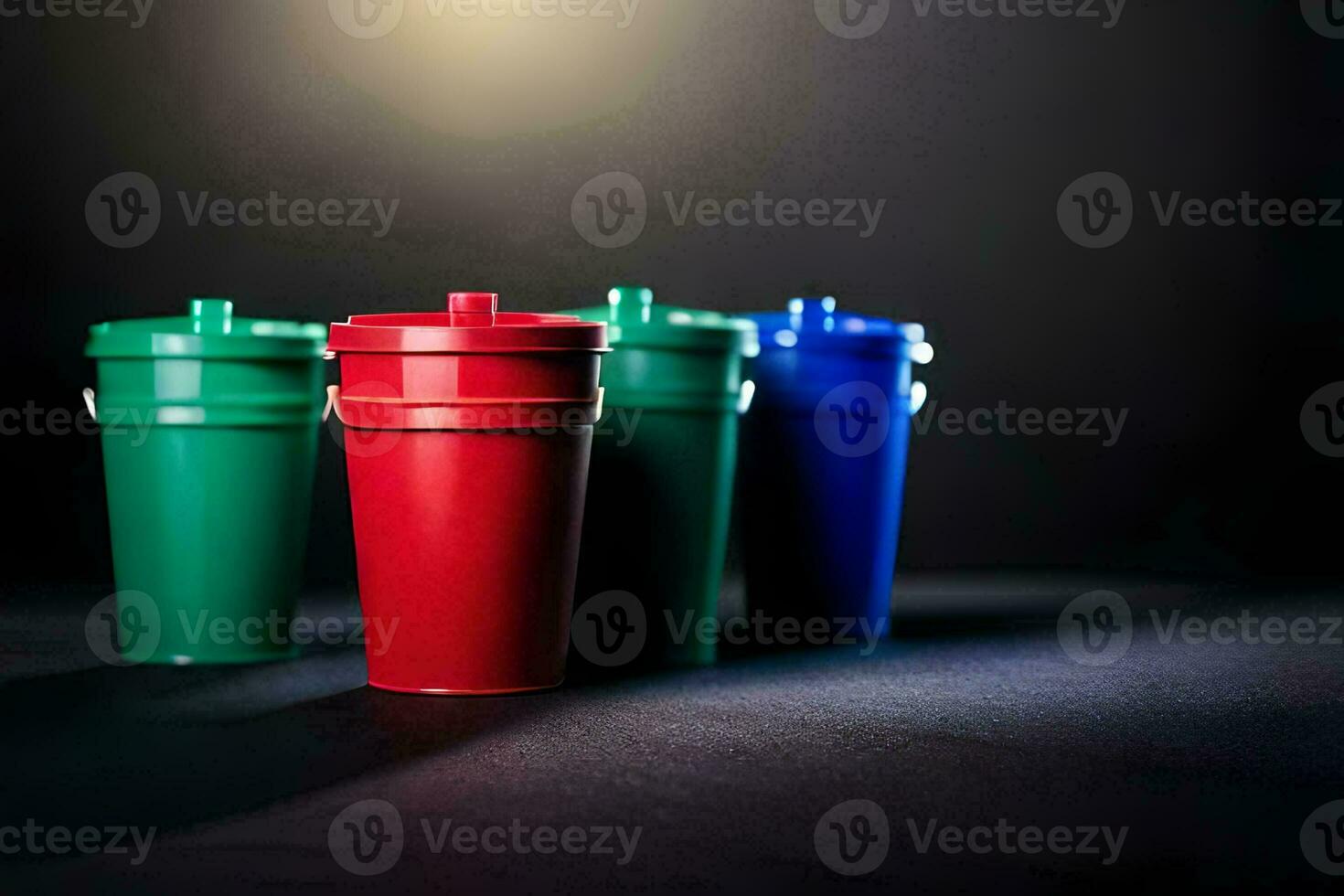 fyra plast koppar med annorlunda färger på en svart bakgrund. ai-genererad foto