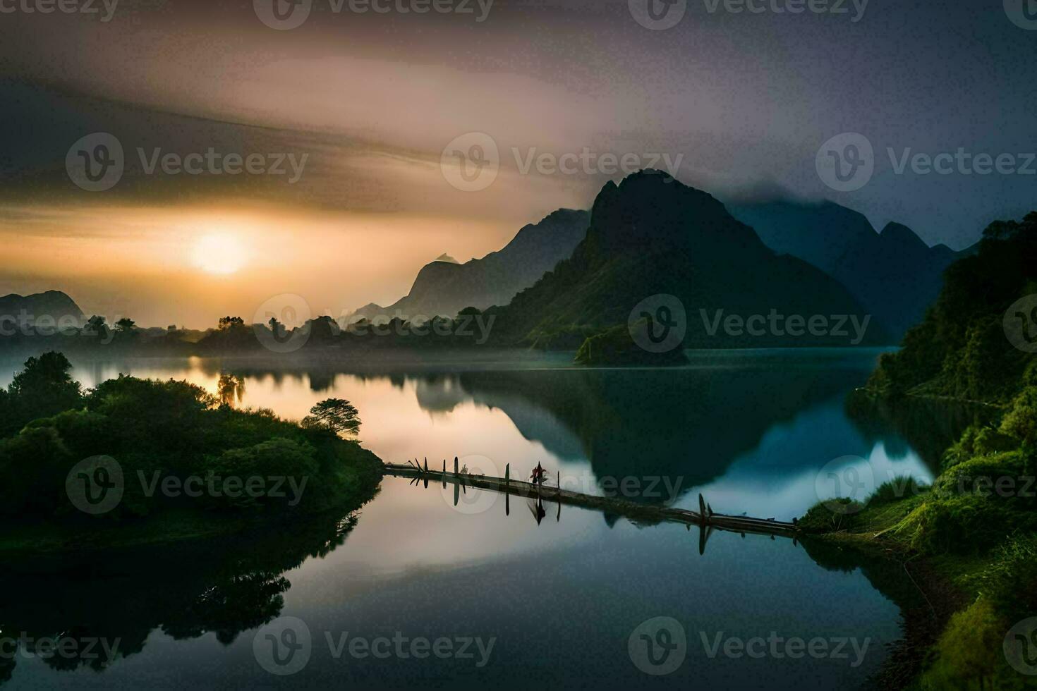 de Sol stiger över en sjö och bergen i vietnam. ai-genererad foto