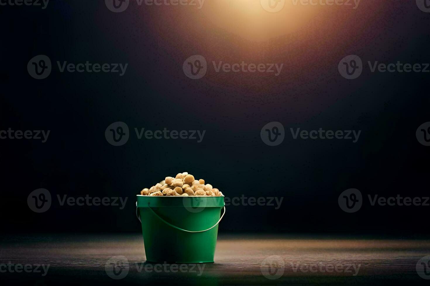 en hink av popcorn på en tabell. ai-genererad foto