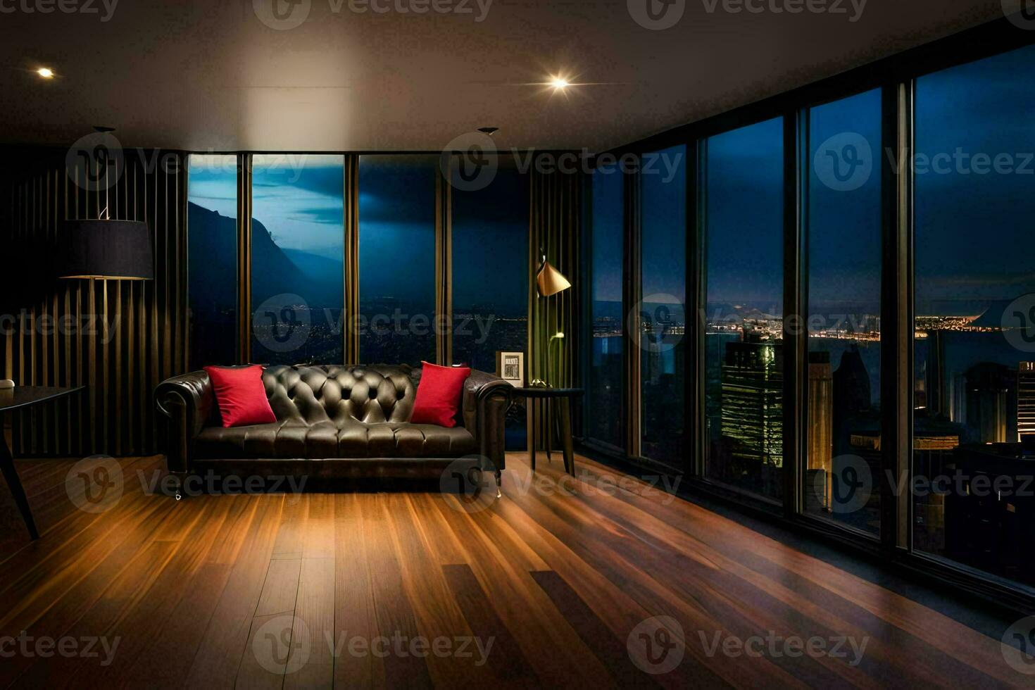 en levande rum med en se av de stad på natt. ai-genererad foto
