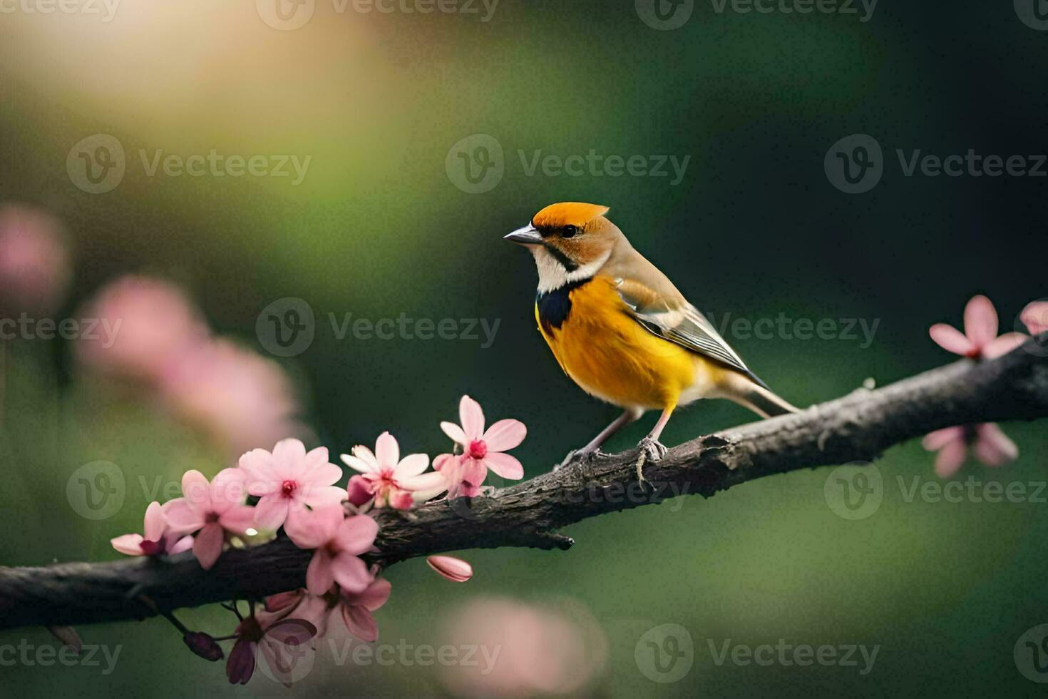 Foto tapet fågel, de blommor, vår, de blommor, de fågel, de fågel, de. ai-genererad