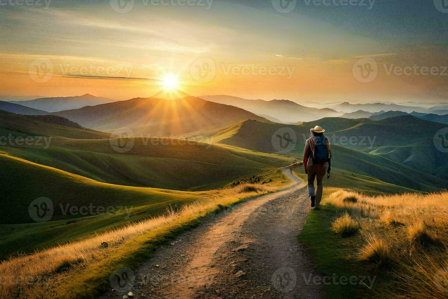 en man promenader på en väg i de berg. ai-genererad foto