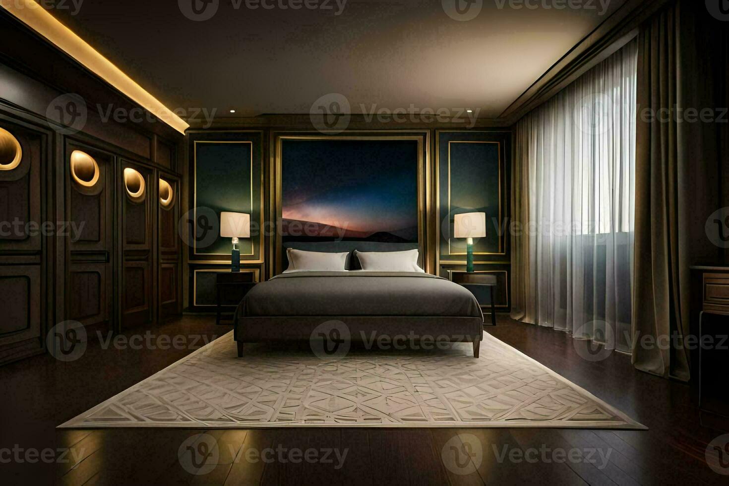 en sovrum med mörk trä väggar och en stor säng. ai-genererad foto