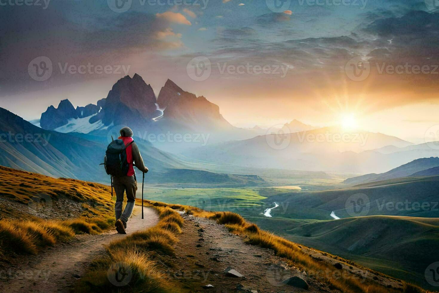 en man med ryggsäck gående på en spår i de berg. ai-genererad foto
