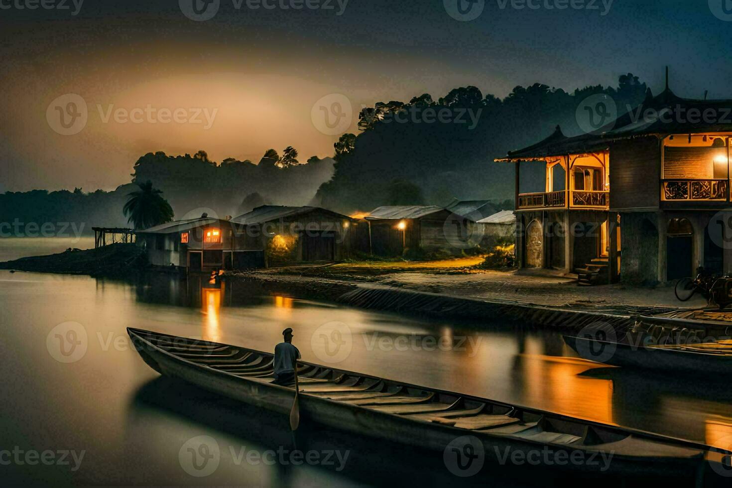 en båt sitter på de vatten på natt. ai-genererad foto