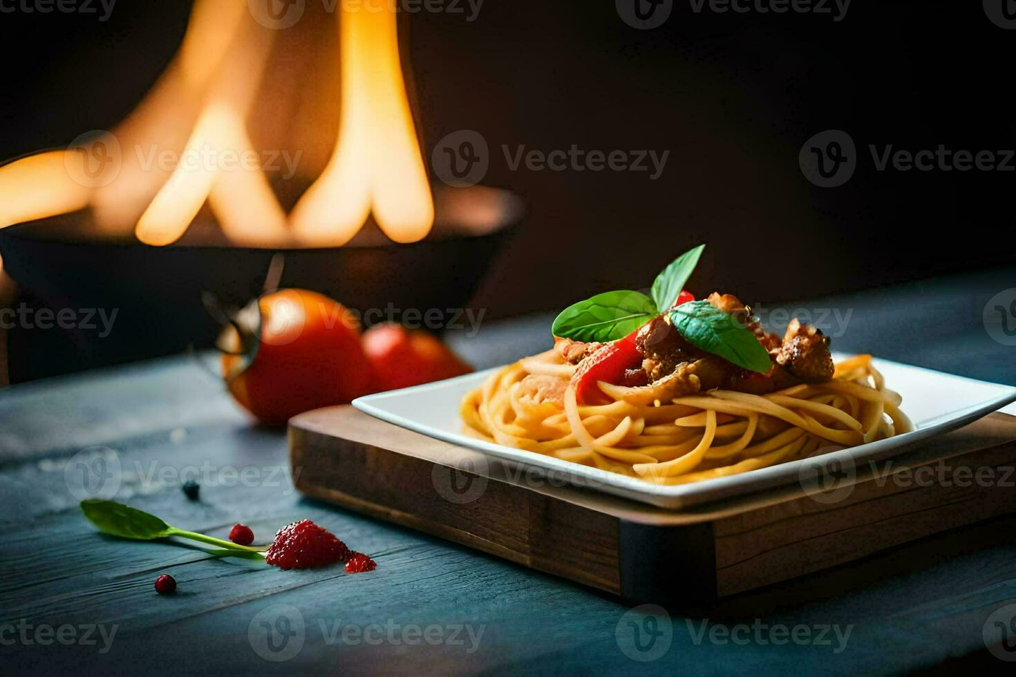 spaghetti med kött och tomater på en tallrik. ai-genererad foto
