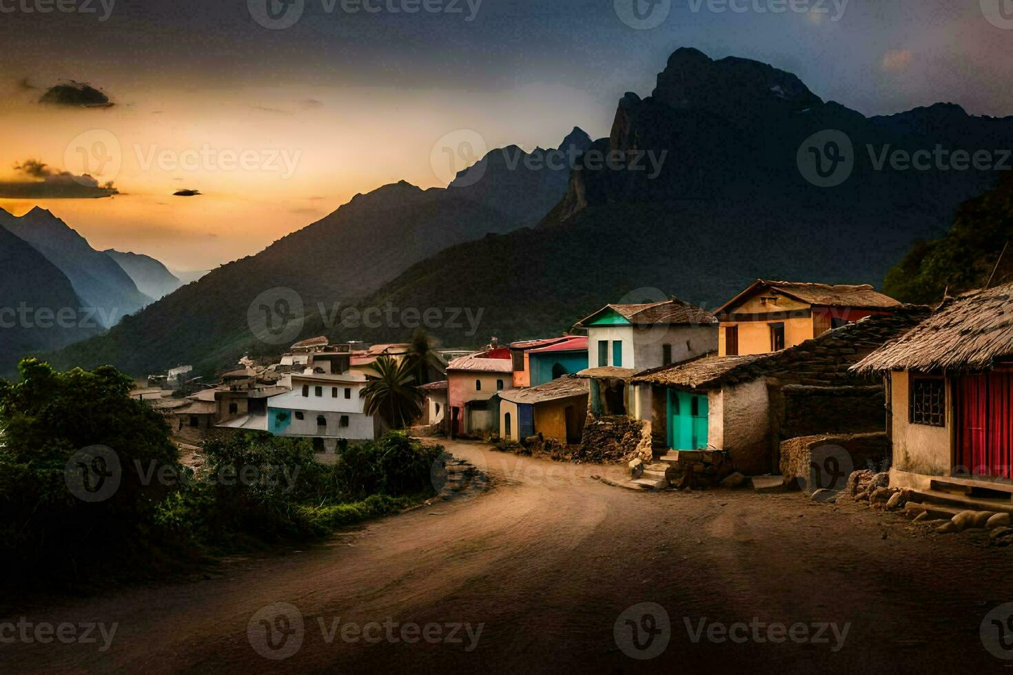 Foto tapet de himmel, berg, väg, hus, de by, de berg, de by. ai-genererad