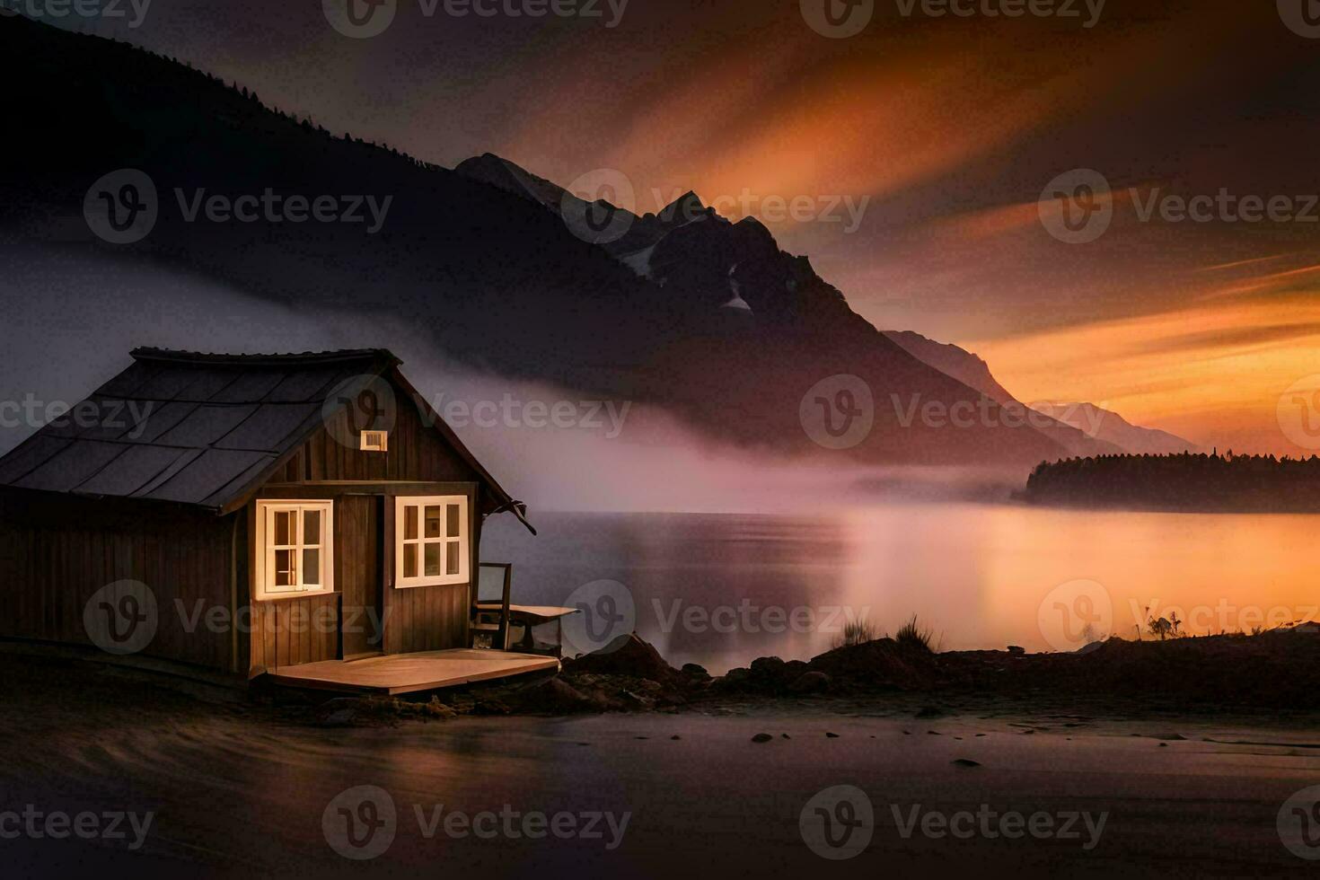 en små stuga sitter på de Strand av en sjö på solnedgång. ai-genererad foto