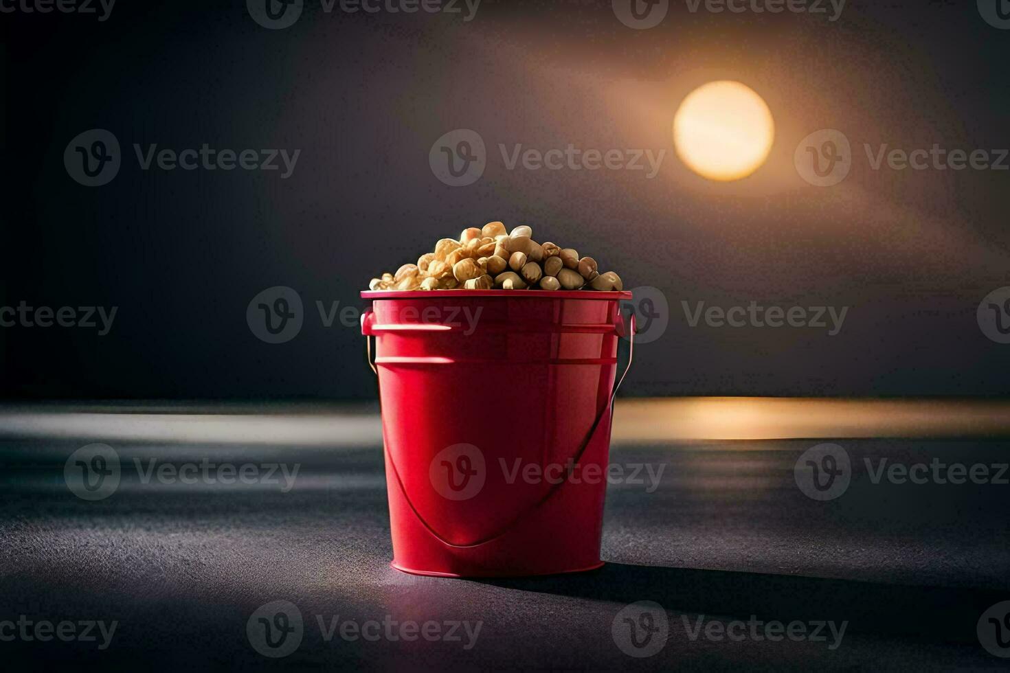 en röd hink fylld med popcorn på en mörk yta. ai-genererad foto