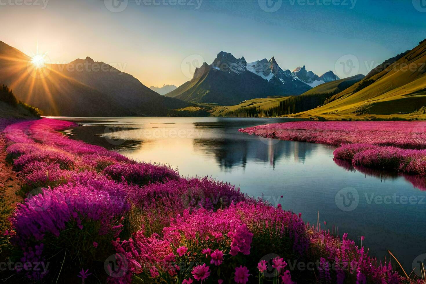 de Sol lyser över en sjö och lila blommor. ai-genererad foto