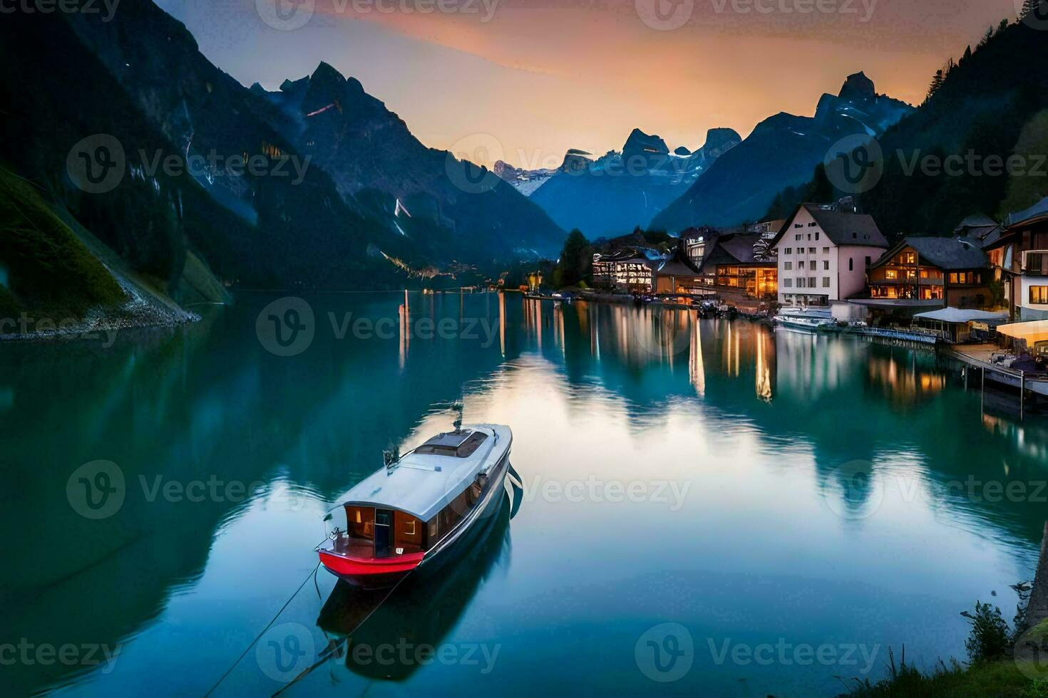 en båt sitter på de vatten i främre av en berg stad. ai-genererad foto