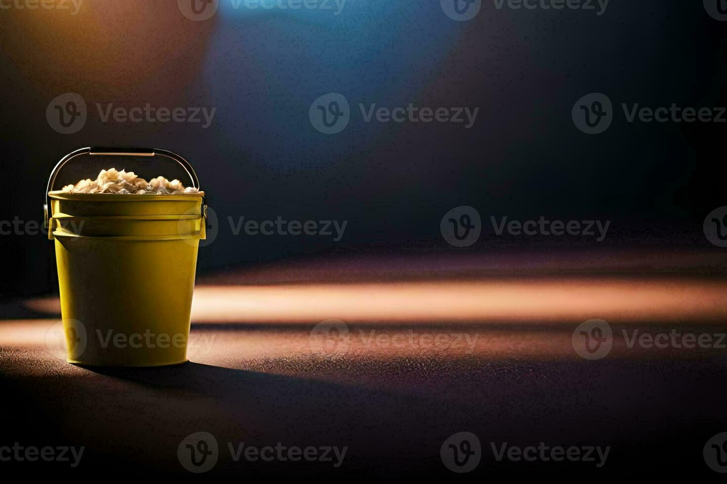 en hink av popcorn på en mörk yta. ai-genererad foto