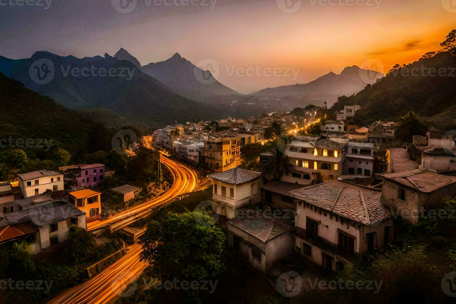 en stad på solnedgång med bergen i de bakgrund. ai-genererad foto