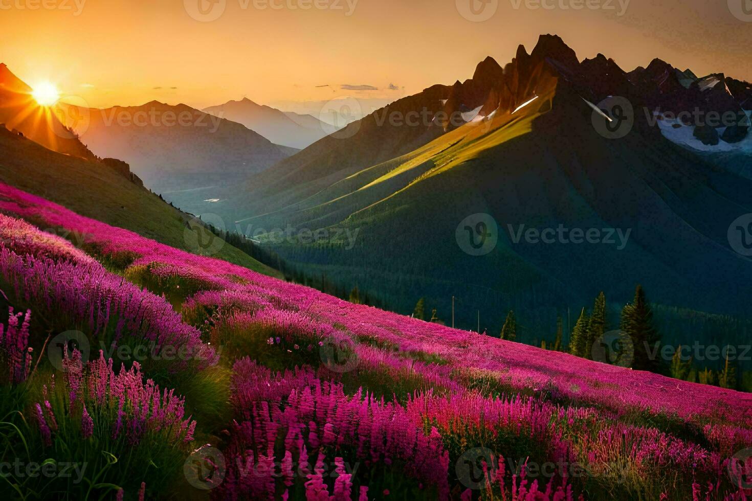 de Sol stiger över de bergen och blommor i de förgrund. ai-genererad foto