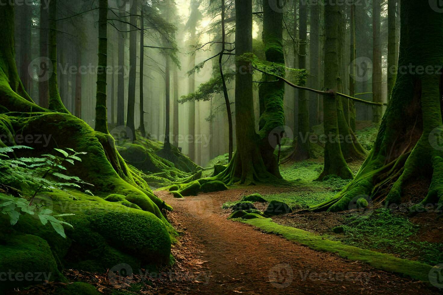 en väg genom en grön skog med mossiga träd. ai-genererad foto