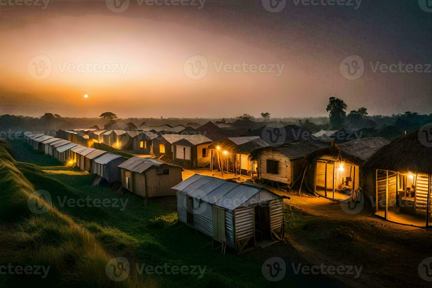 de Sol uppsättningar över en by av hyddor. ai-genererad foto