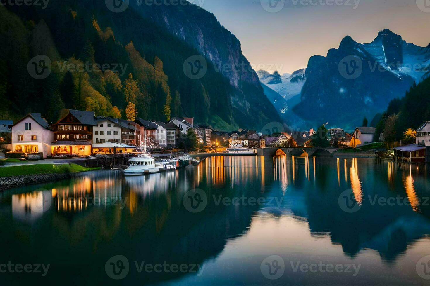 Foto tapet de himmel, berg, vatten, hus, berg, sjö, stad, berg,. ai-genererad