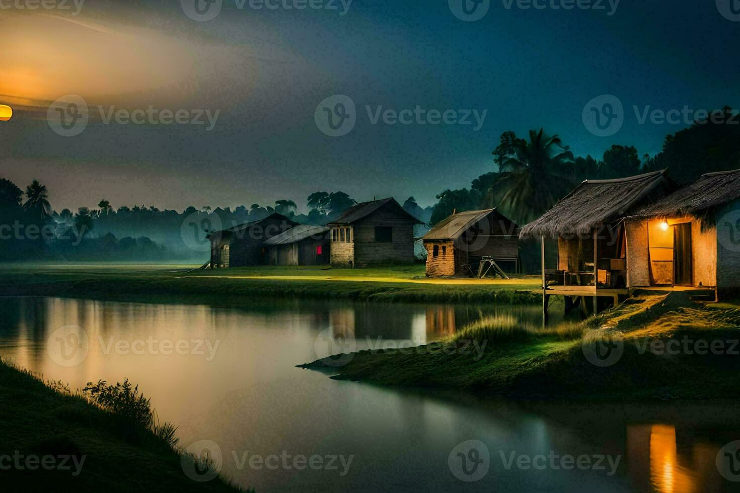 en små by förbi de vatten med en full måne. ai-genererad foto