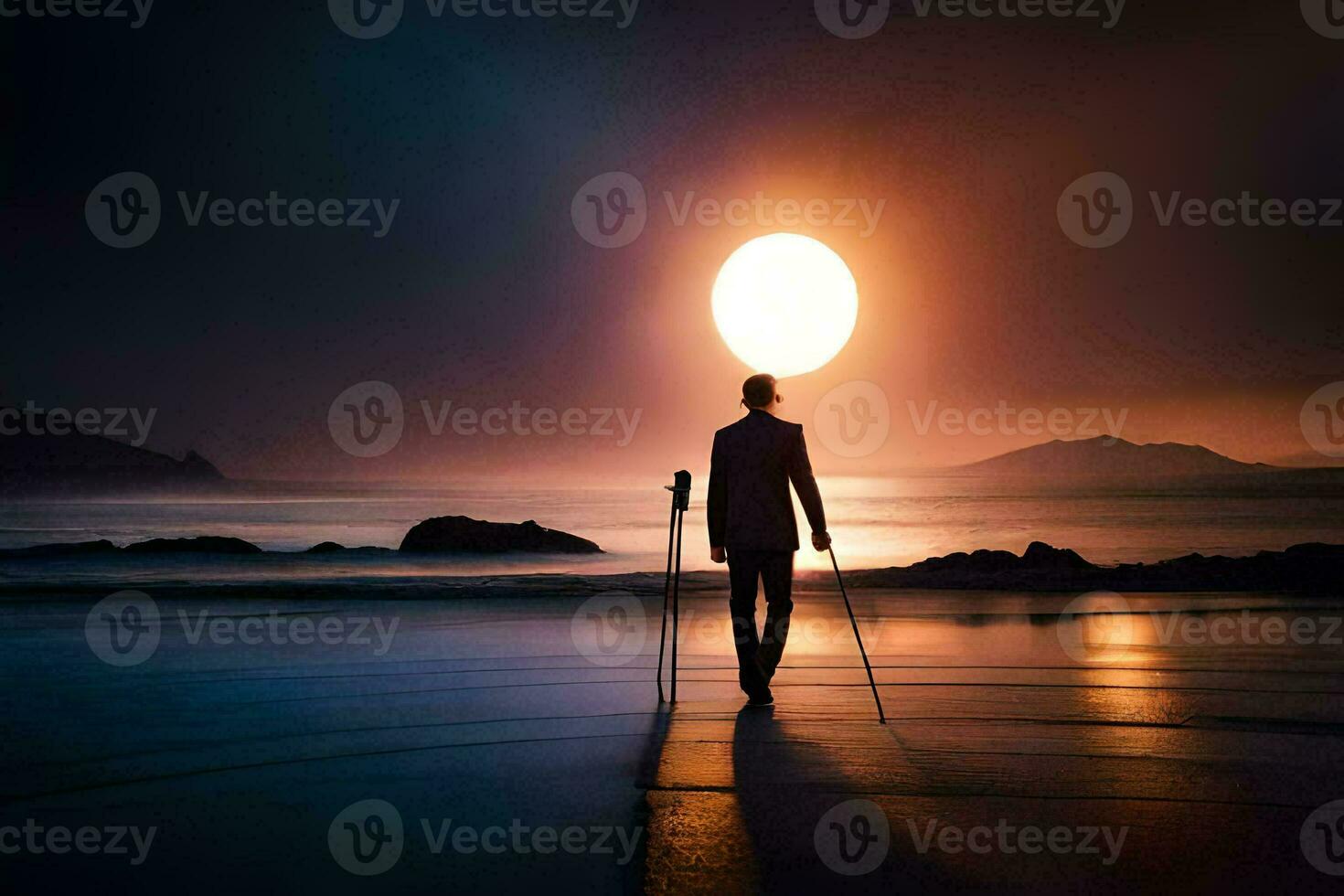 en man med skidor gående på de strand på solnedgång. ai-genererad foto