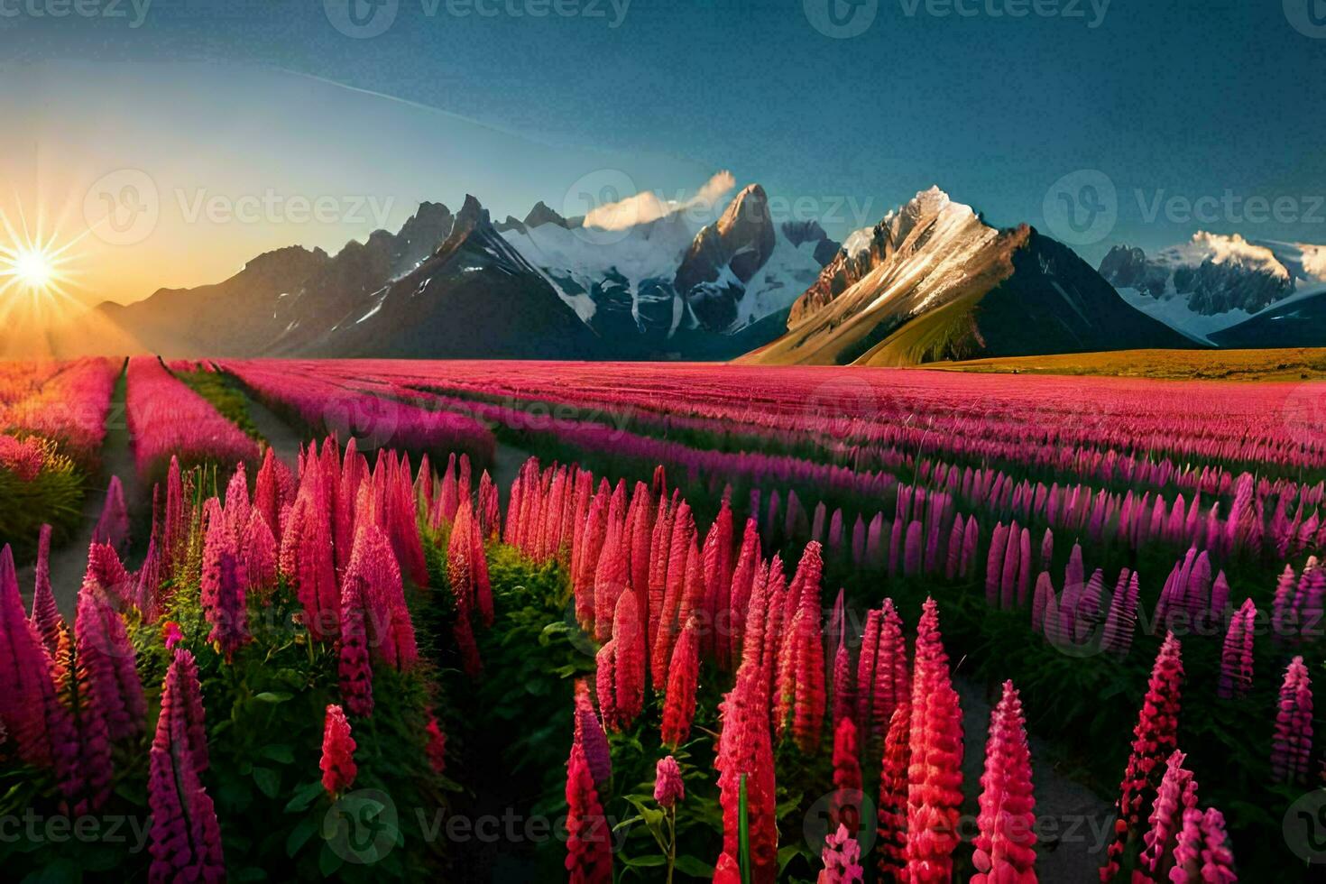 de Sol lyser över en fält av rosa blommor och berg. ai-genererad foto