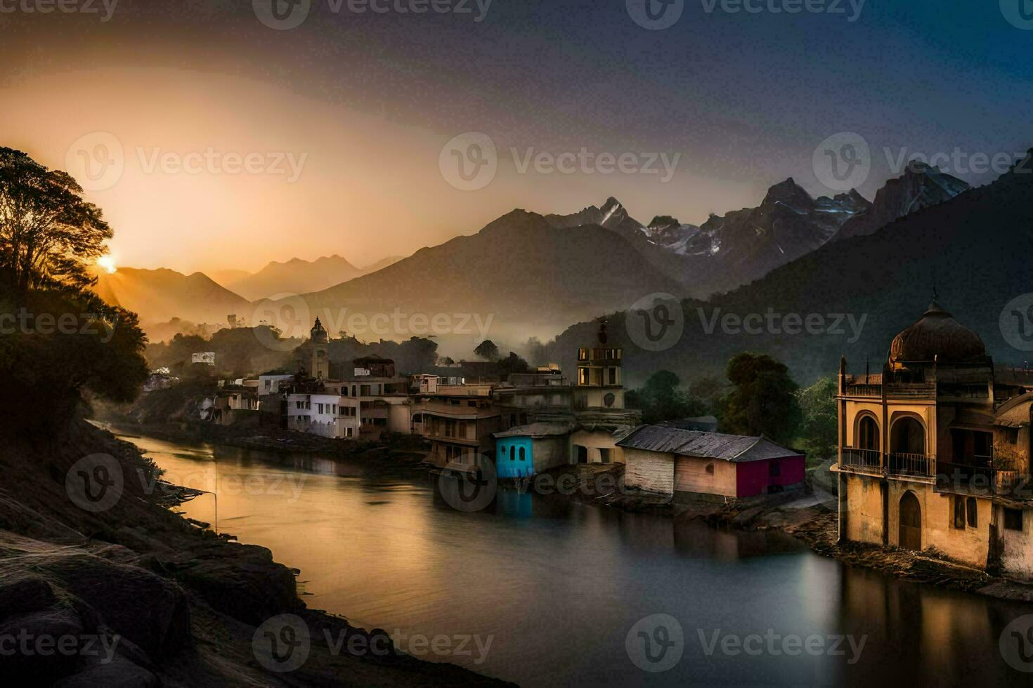 solnedgång över de flod i Indien. ai-genererad foto