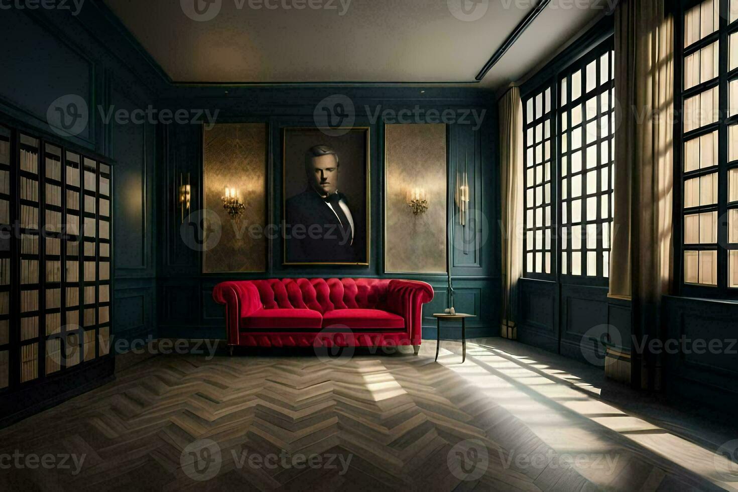 en röd soffa i en rum med blå väggar och en målning. ai-genererad foto