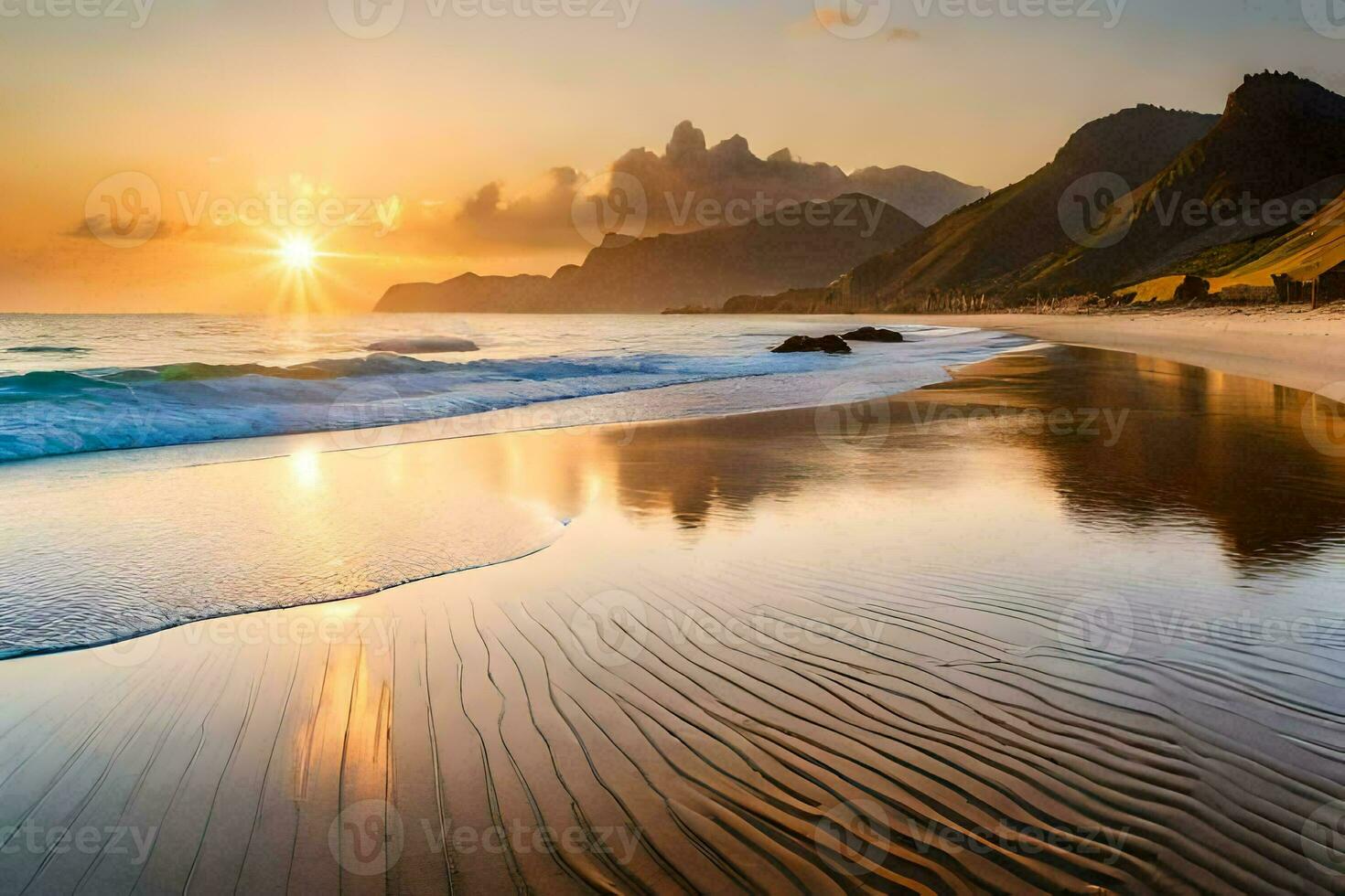 de Sol stiger över de hav och de vågor på de strand. ai-genererad foto