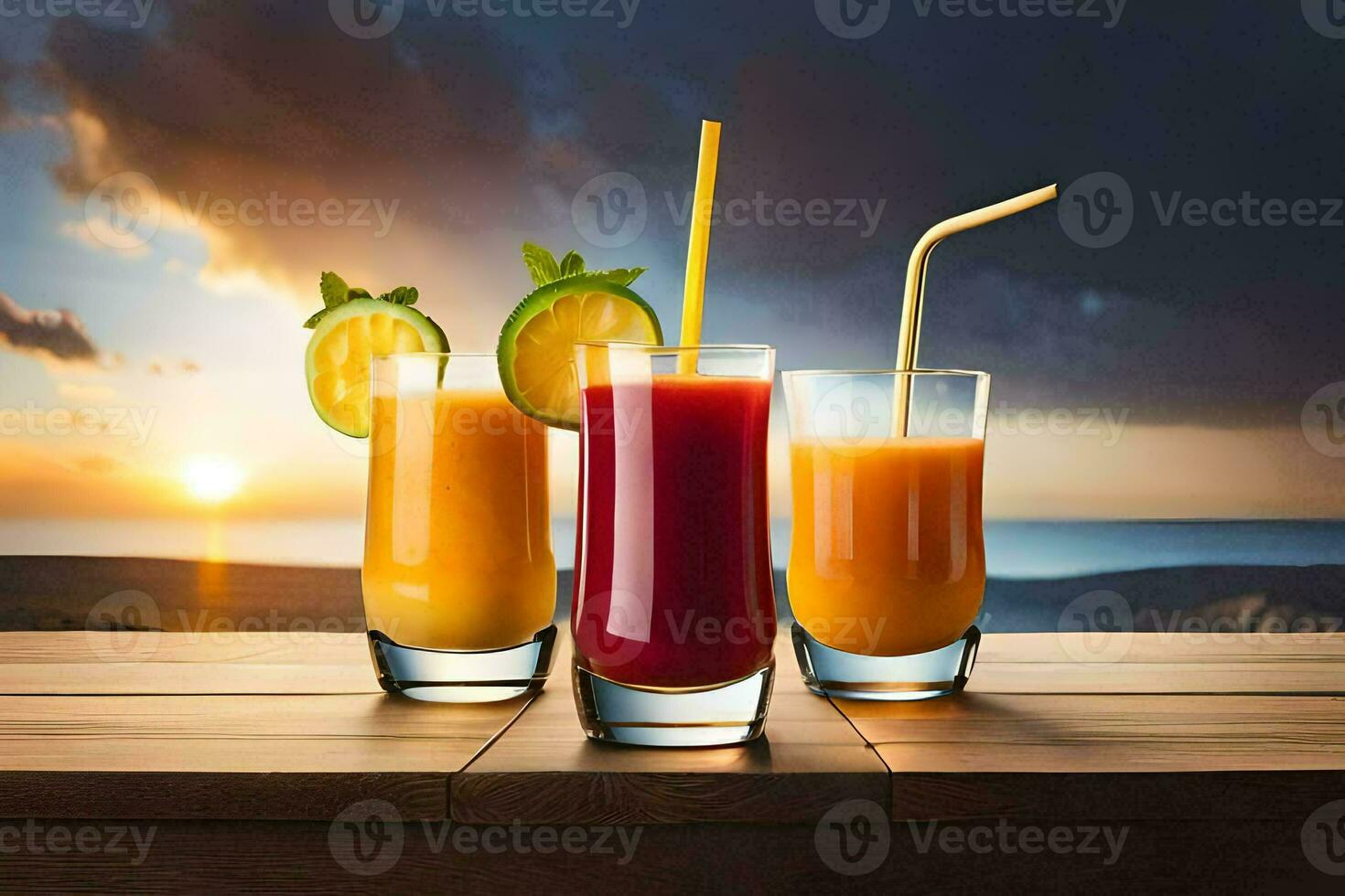 tre glasögon av juice med en solnedgång i de bakgrund. ai-genererad foto