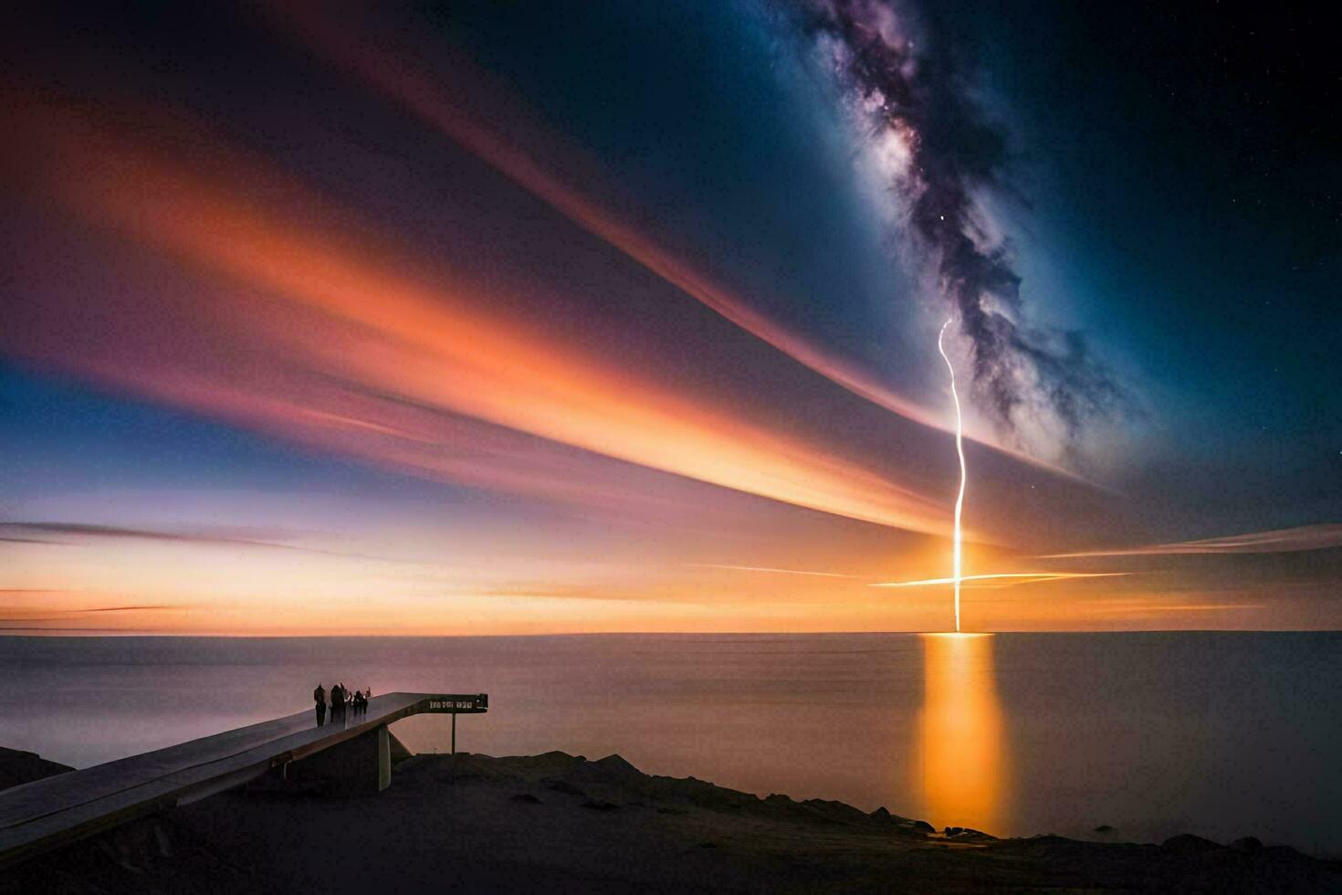 en blixt- bult ränder tvärs över de himmel över en kropp av vatten. ai-genererad foto